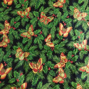 Christmas Cotton Fabric Traditions Quilting Butterflies Holly Black Green 2.6 yd